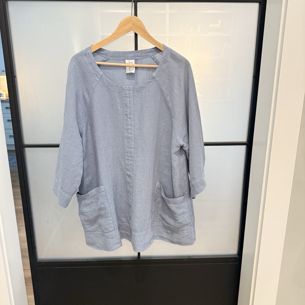 Match Point Tunic Top Blue Linen 3/4 Sleeve Scoop Neck L Lagenlook Oversized - Picture 6 of 11